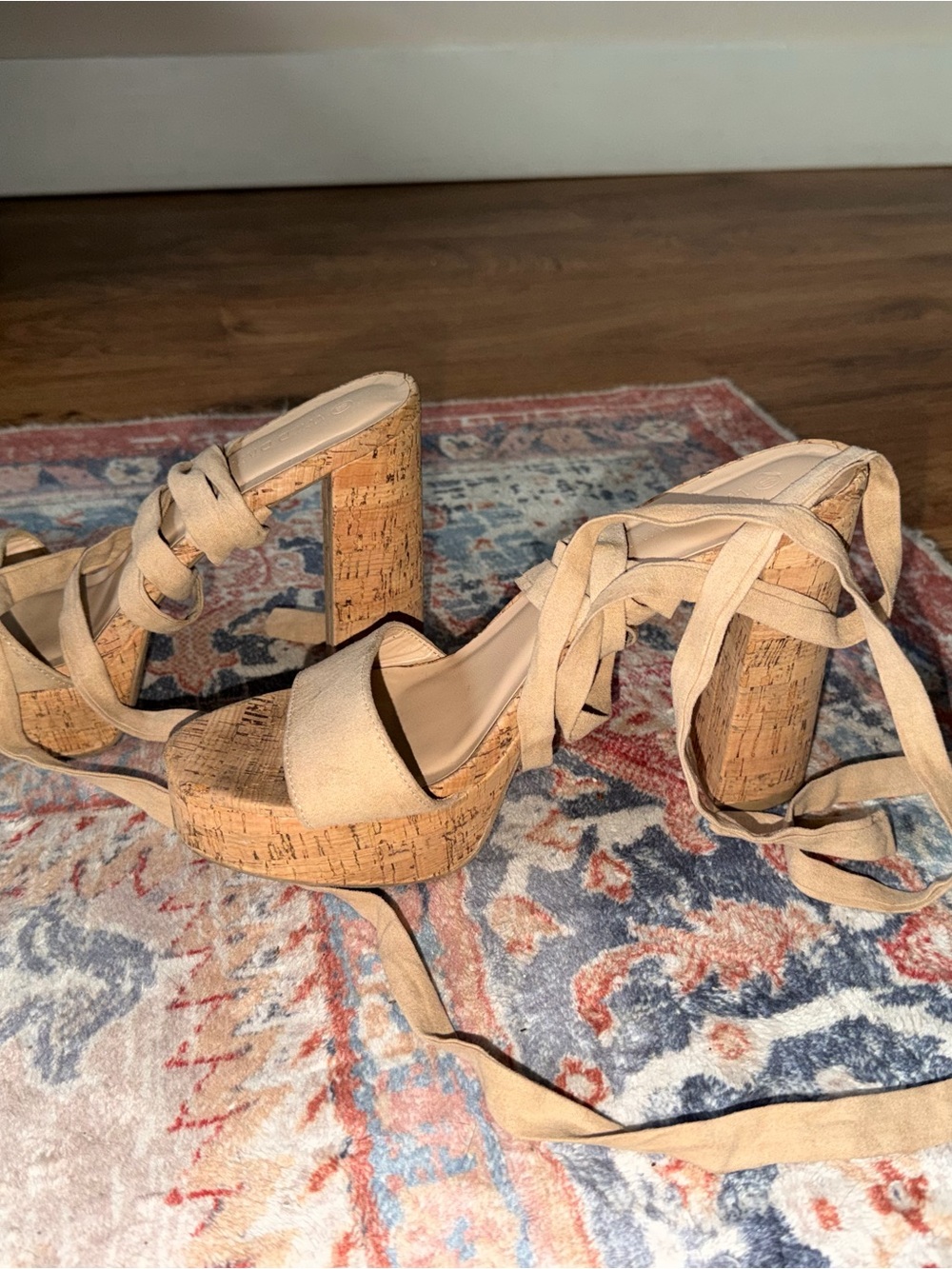Wild Diva Beige Cork Platform Wrap Heels